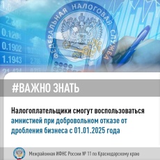 Налогоплательщики смогут воспользоваться амнистией при добровольном отказе от дробления бизнеса с 01.01.2025 года.